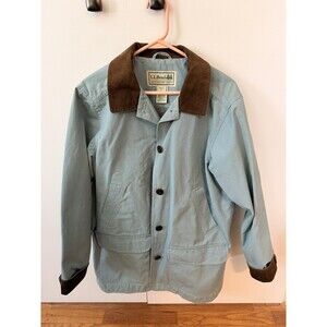 Vtg L.L. Bean Women's Large Blue Barn Chore Coat Brown Corduroy Collar & Cuffs